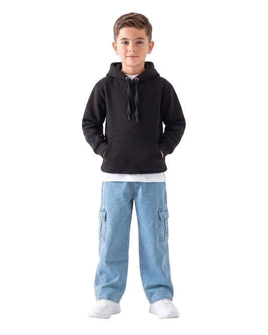Front view of a boy wearing a black milton hoodie in a relaxed fit by TREE.