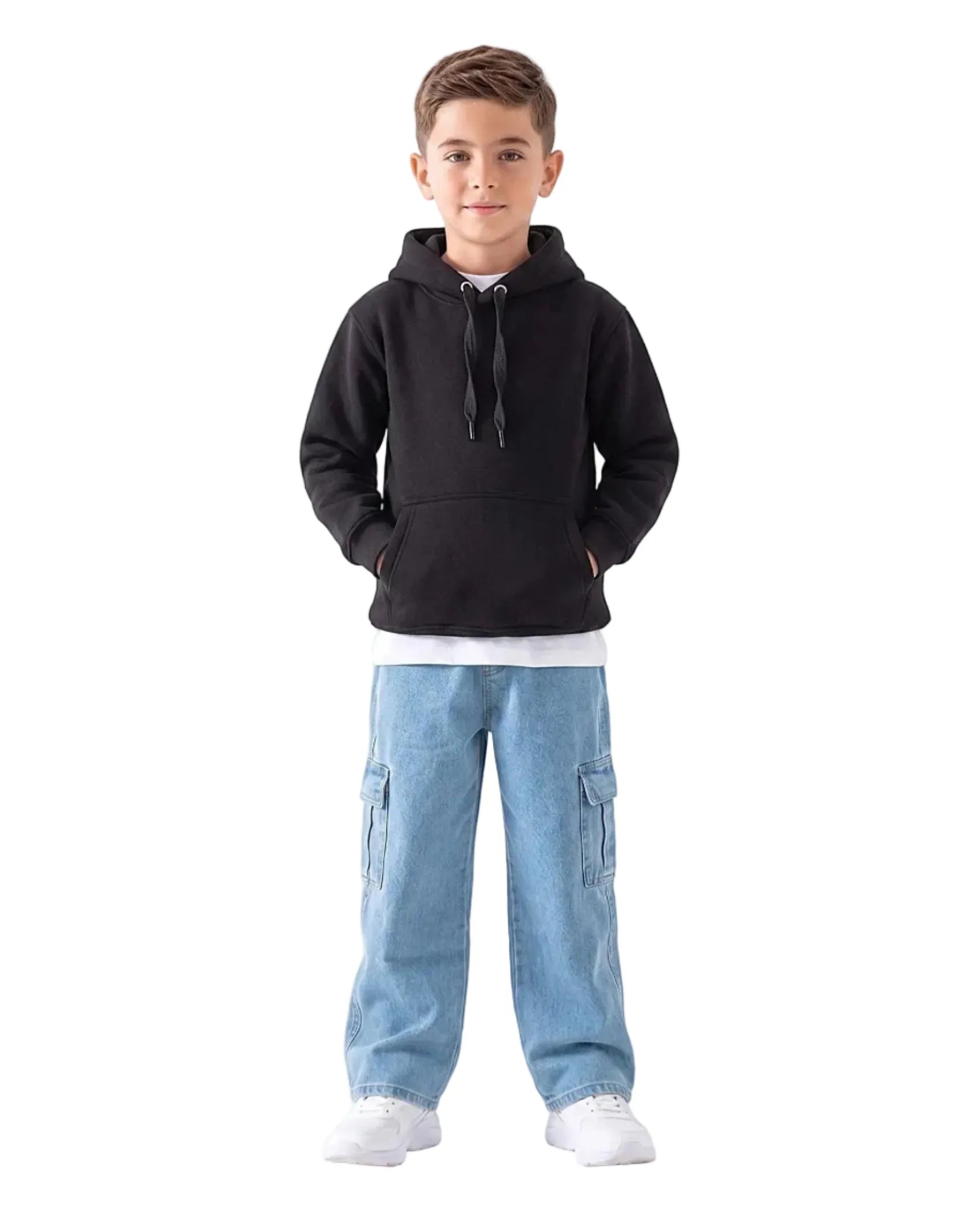 Multiple views of a boy wearing a boys' milton black hoodie (65% cotton & 35% polyester) featuring a hood and front pockets by TREE.