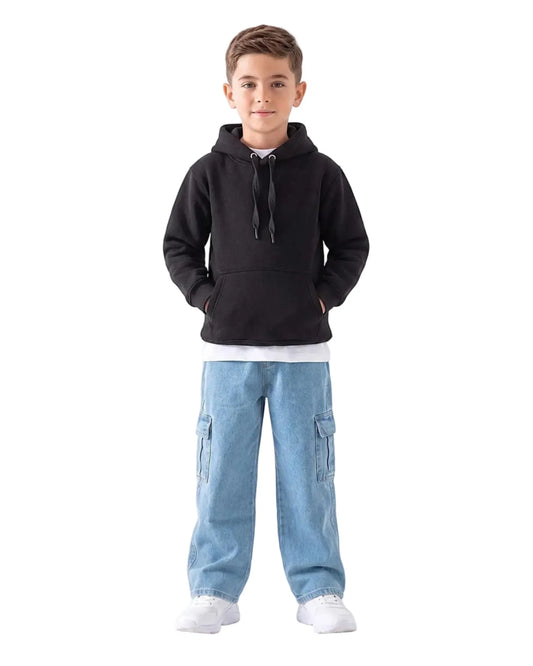 Multiple views of a boy wearing a boys' milton black hoodie (65% cotton & 35% polyester) featuring a hood and front pockets by TREE.