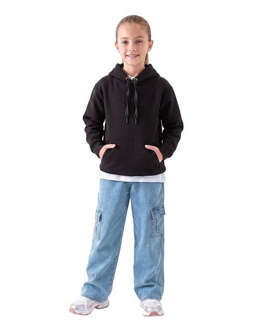 Front view of a young girl wearing a black milton hoodie in a relaxed fit by TREE.
