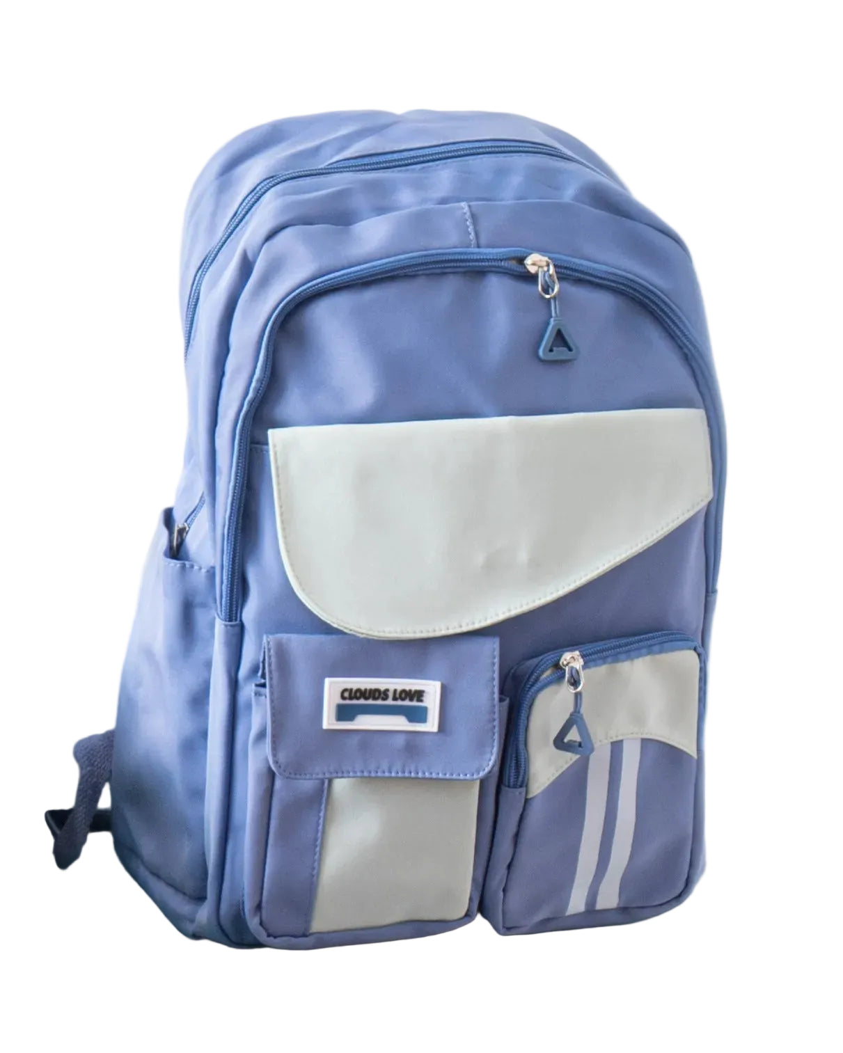Front view of a blue size 16 school backpack.