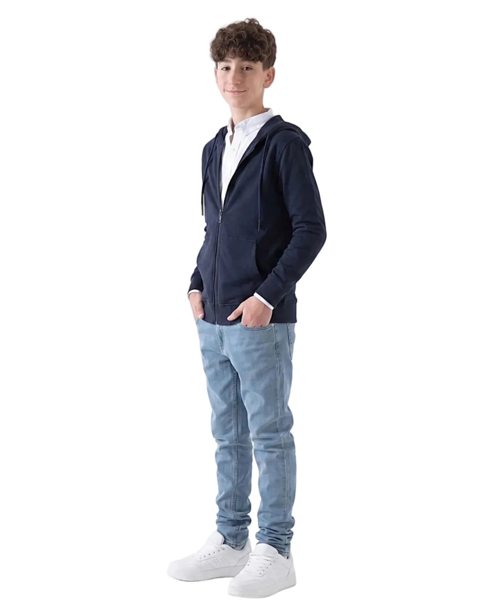 Front view of a boy wearing a boys' milton navy zip-up hoodie (95% cotton & 5% spandex) featuring a hood and front pockets by TREE.