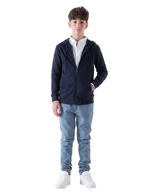 Front view of a boy wearing a navy summer milton full-zip hoodie in a relaxed fit by TREE.