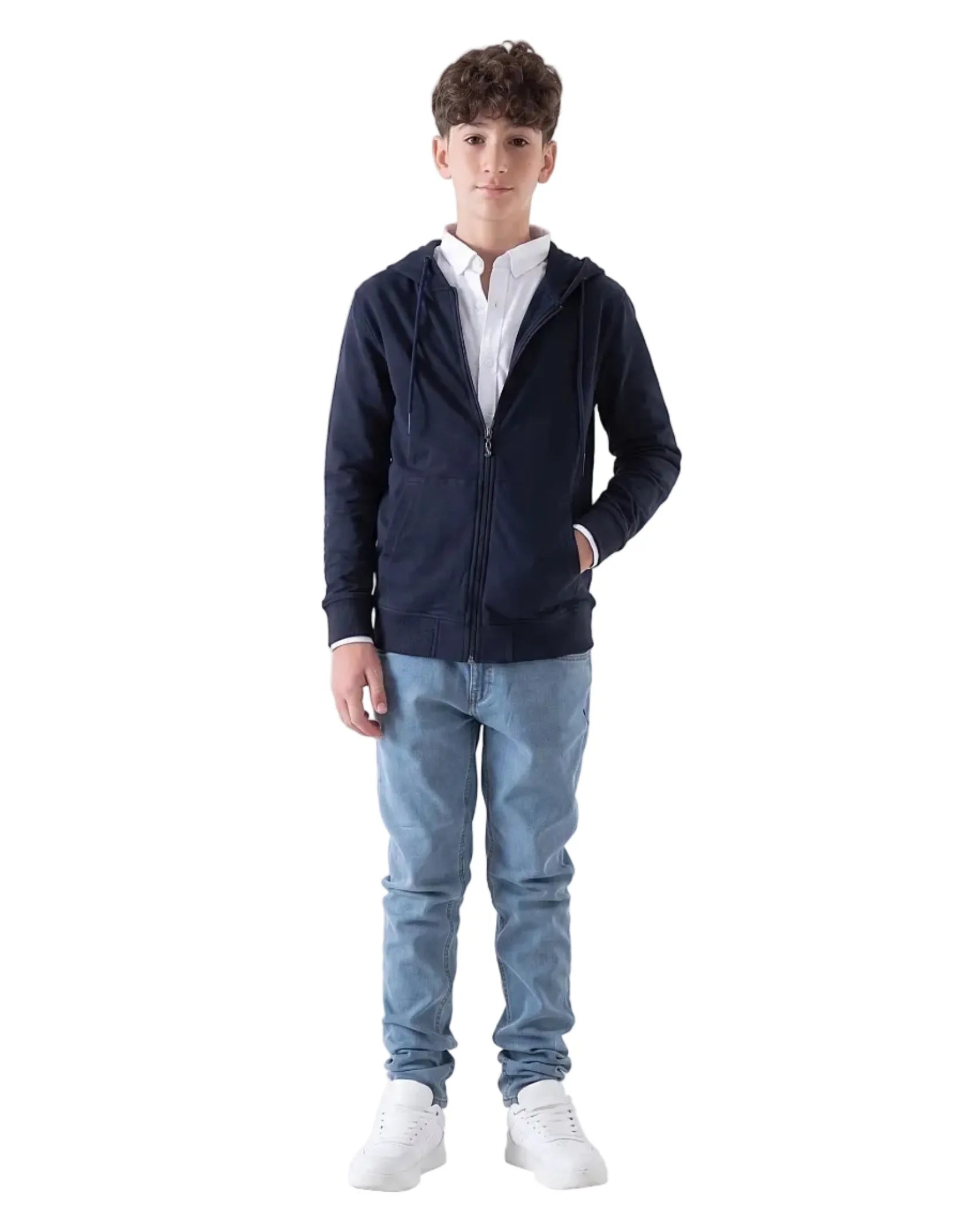 Front view of a boy wearing a boys' milton navy zip-up hoodie (95% cotton & 5% spandex) featuring a hood and front pockets by TREE.