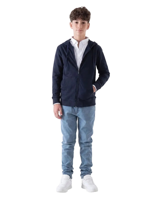 Front view of a boy wearing a boys' milton navy zip-up hoodie (95% cotton & 5% spandex) featuring a hood and front pockets by TREE.