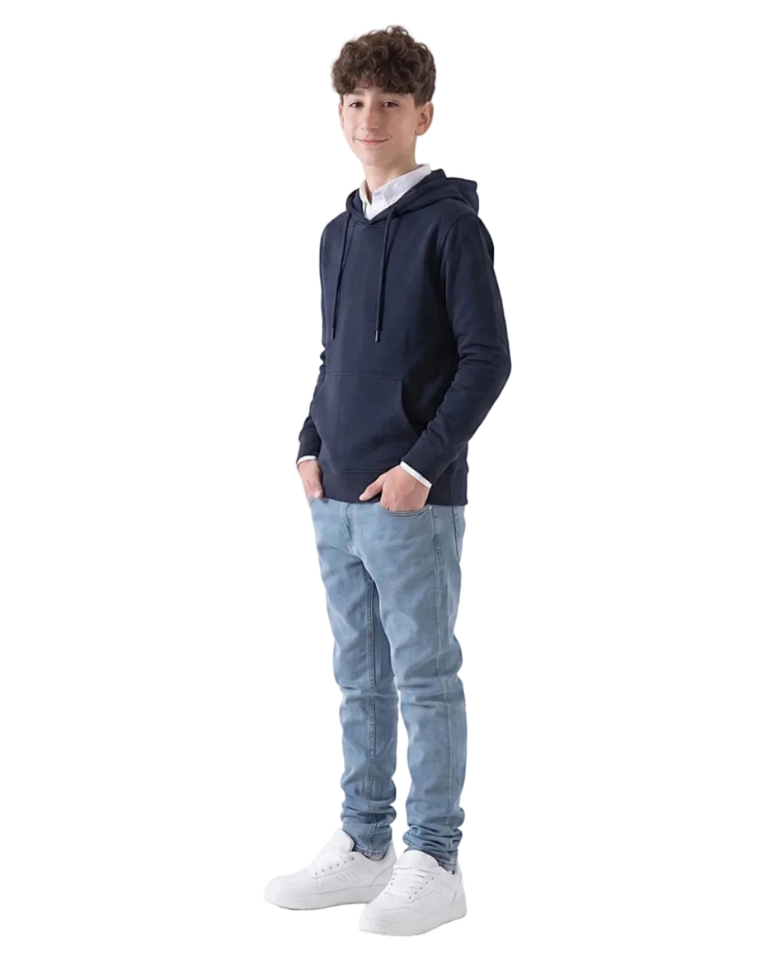Young boy wearing a boys' solid navy blue summer milton hoodie over a white shirt with light blue jeans and white sneakers