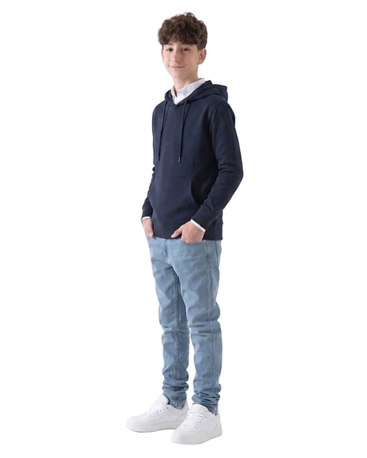 Young boy wearing a boys' solid navy blue summer milton hoodie over a white shirt with light blue jeans and white sneakers