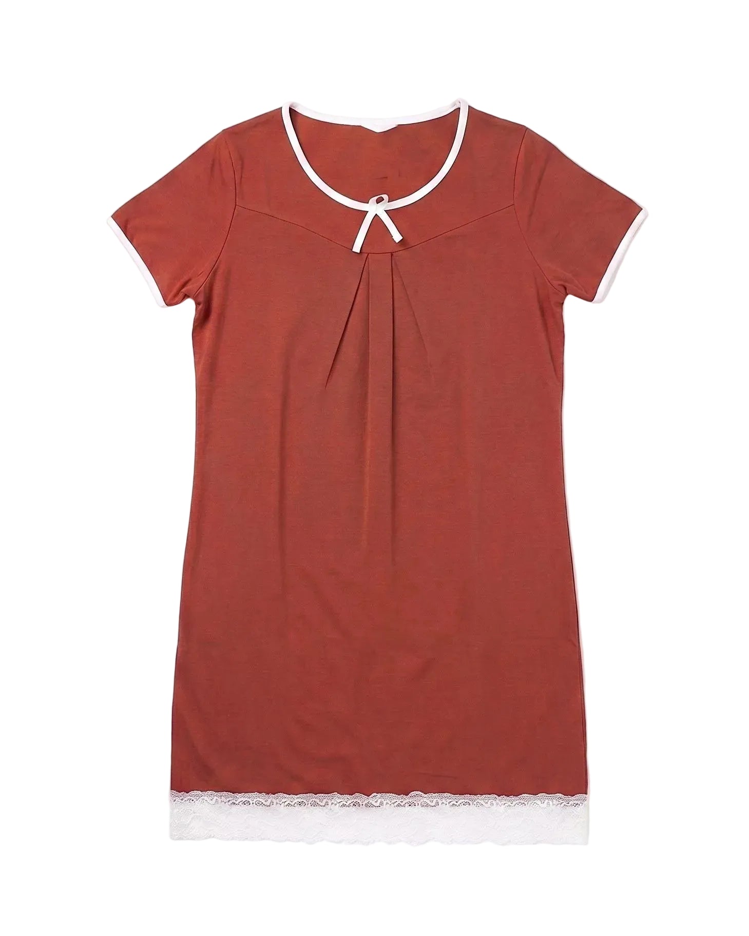 Front view of a women's 100% cotton nightshirt in a relaxed fit featuring white lace hem and contrast trim by TREE.