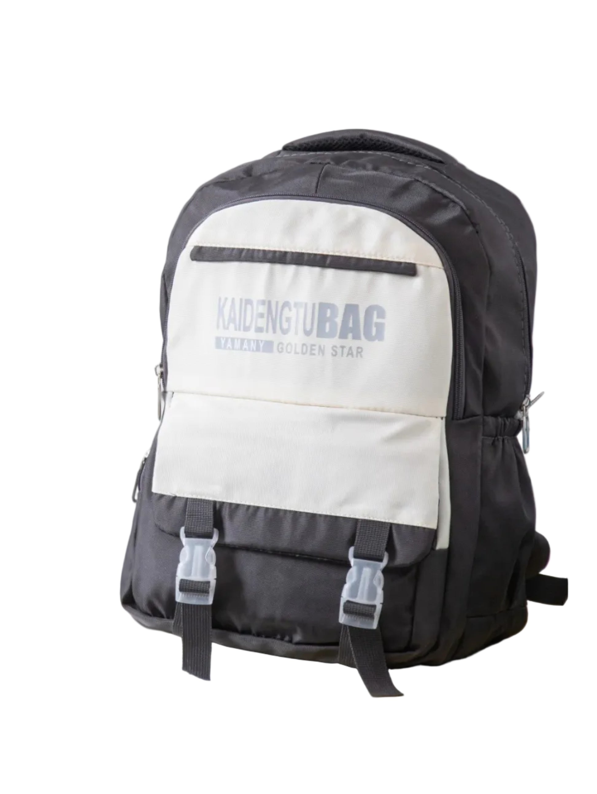 Front view of a dark grey and beige size 16 school backpack.