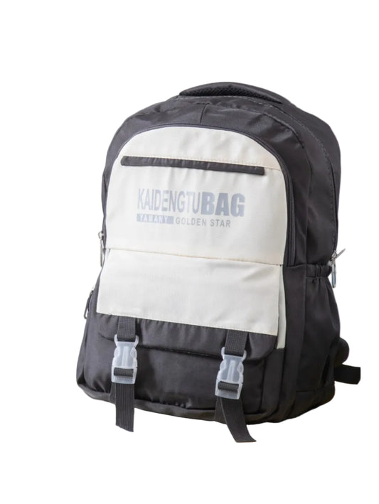 Front view of a dark grey and beige size 16 school backpack.