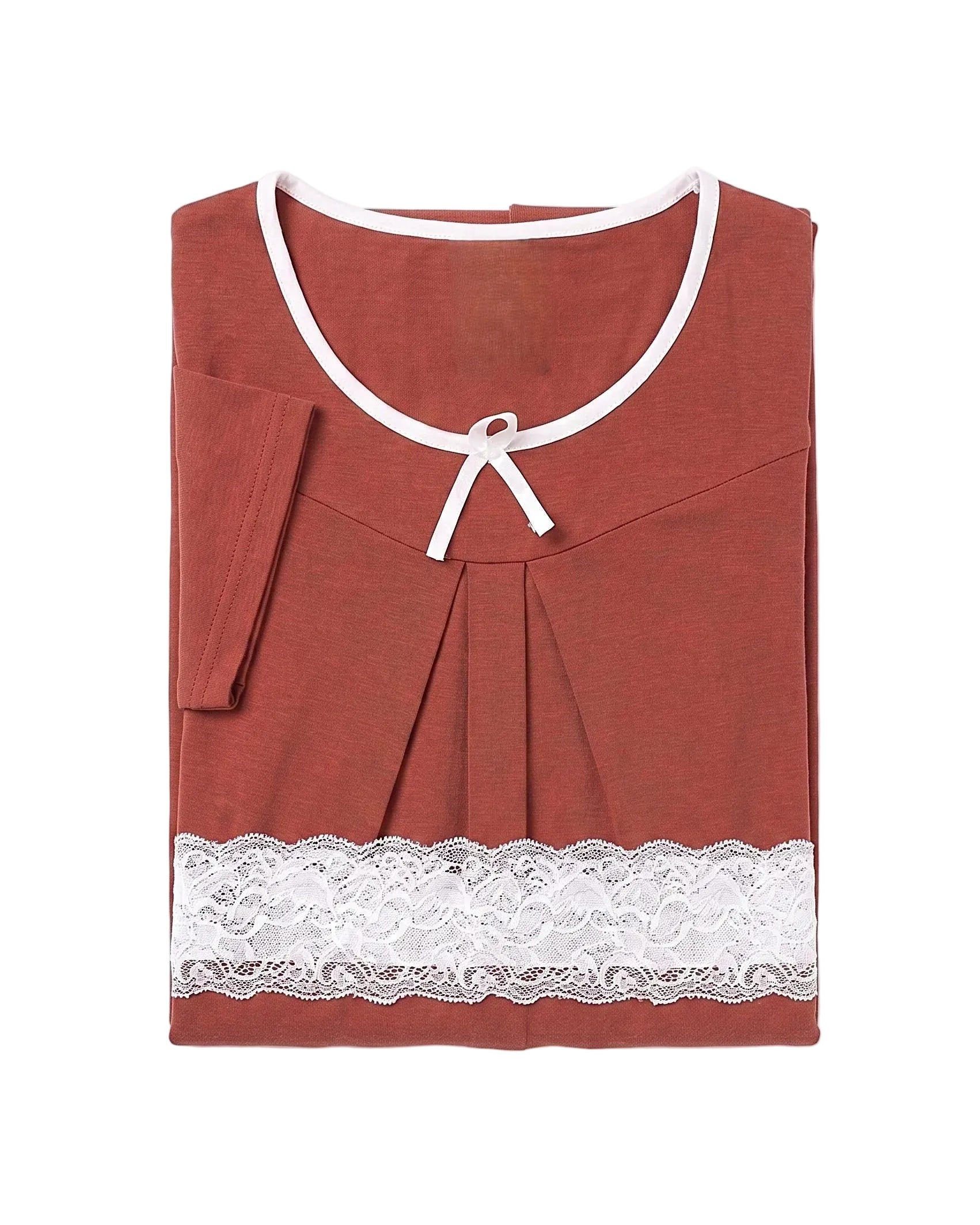 Front view of a women's100% cotton nightshirt in a relaxed fit featuring white lace hem and contrast trim by TREE.