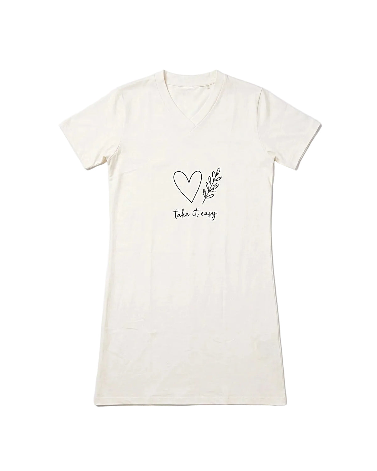 Front view of a women's slate (Off white) V-neck cotton blend nightshirt featuring a "Take It Easy" print by TREE.
