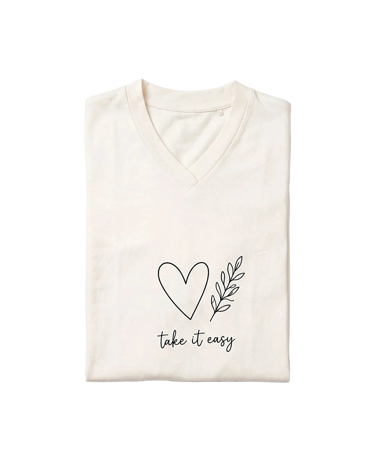 Front view of a women's slate (Off white) V-neck cotton blend nightshirt featuring a "Take It Easy" print by TREE.