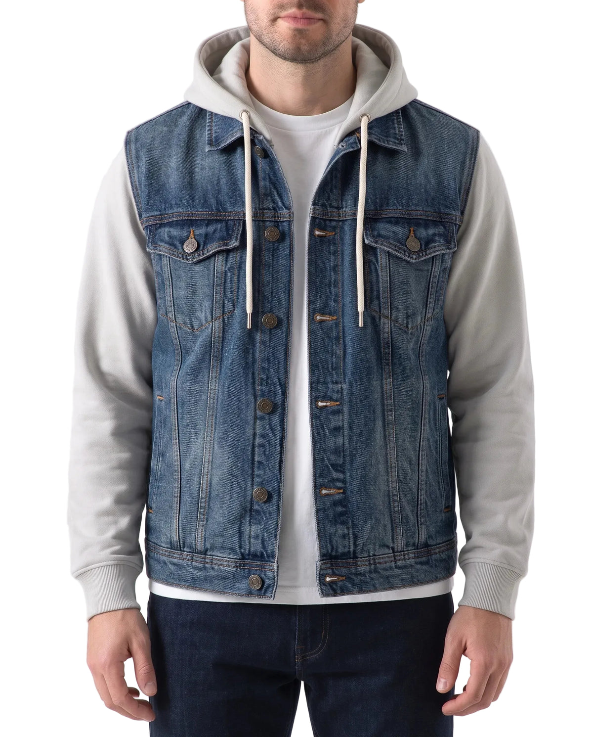 Men's denim jacket with fleece sleeves dark blue - TREE