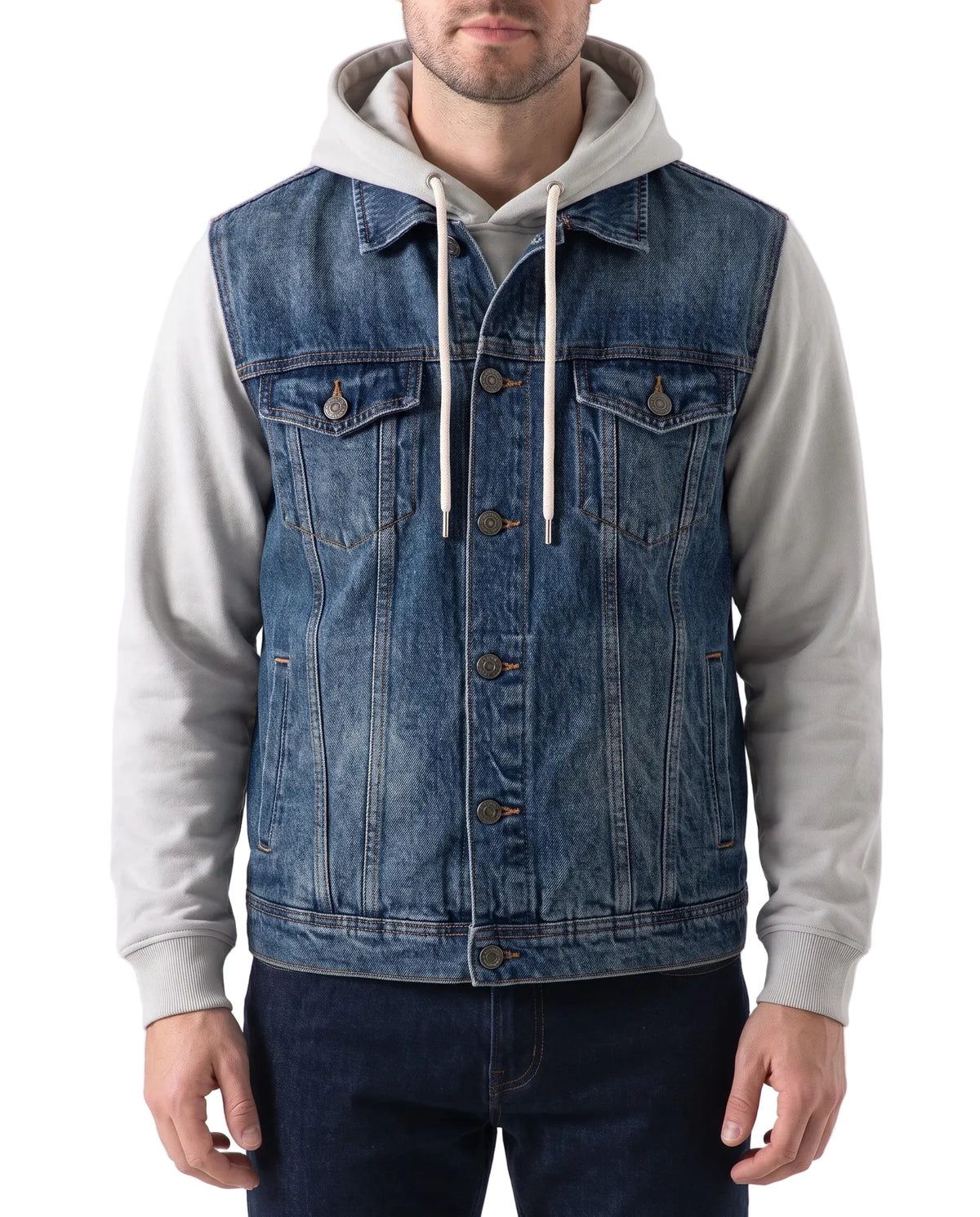 Men's denim jacket with fleece sleeves dark blue - TREE