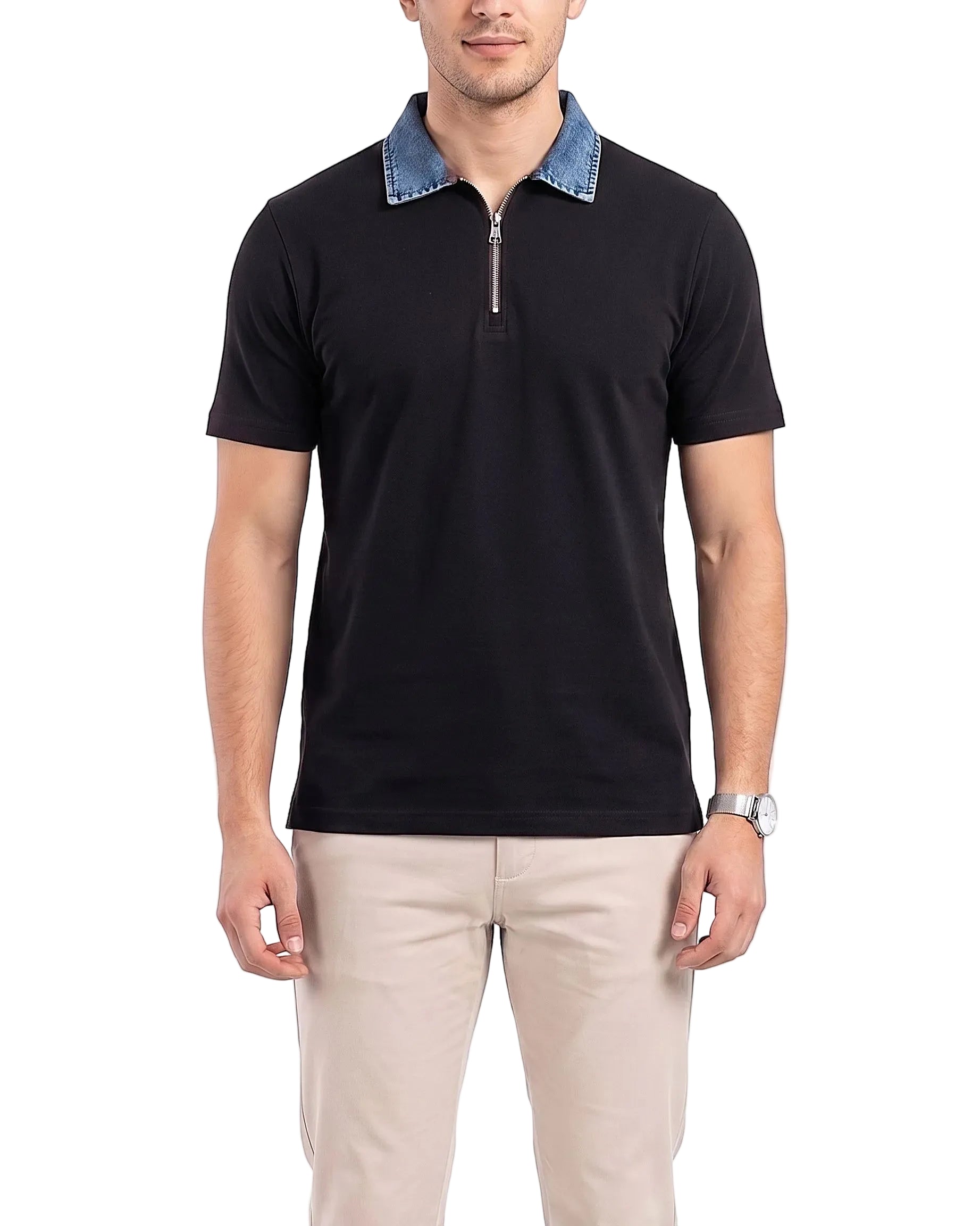 Detailed front shot of the model wearing the black denim collar polo with beige pants.