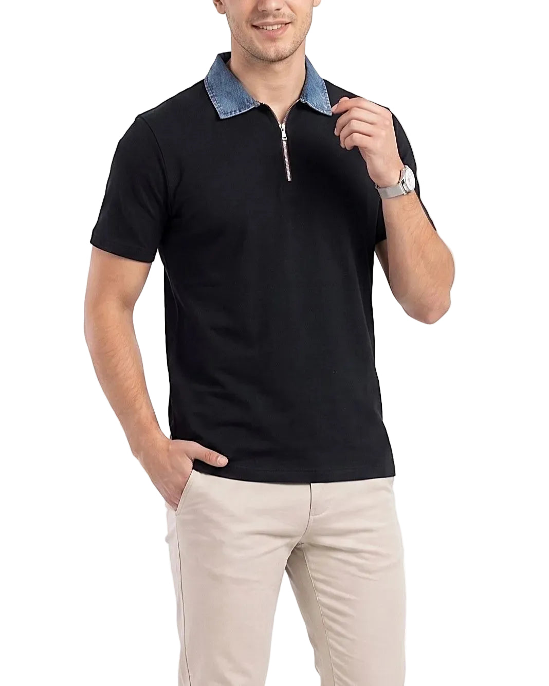 Front view of the black polo t-shirt with a denim collar and zip placket