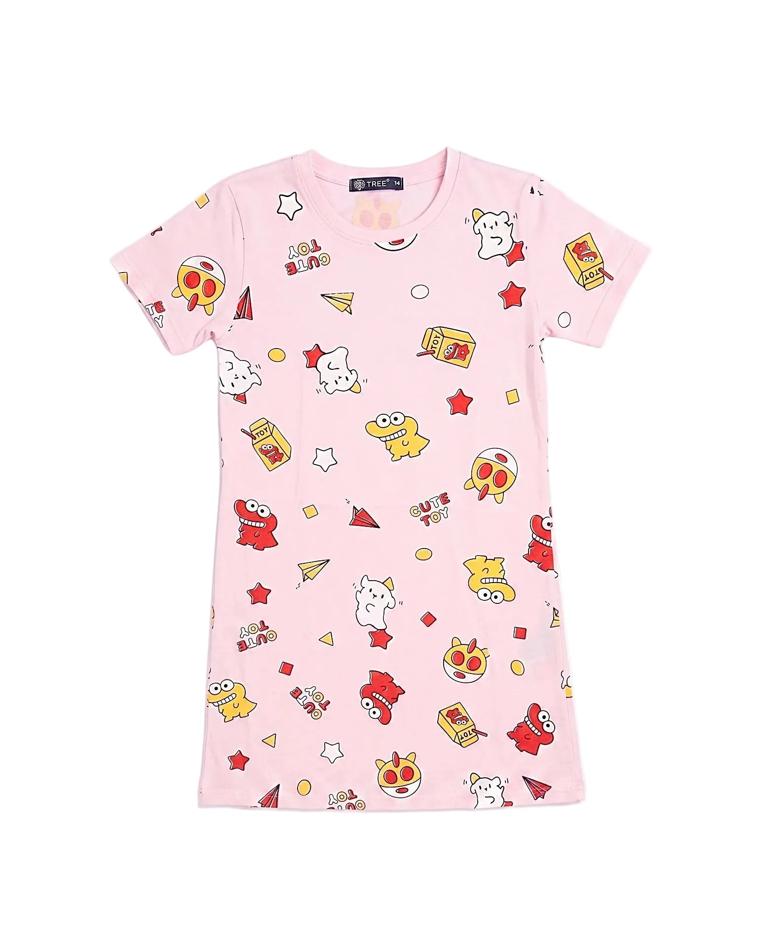 Full view of a girls' short-sleeve cotton nightshirt featuring all-over cartoon prints by TREE.