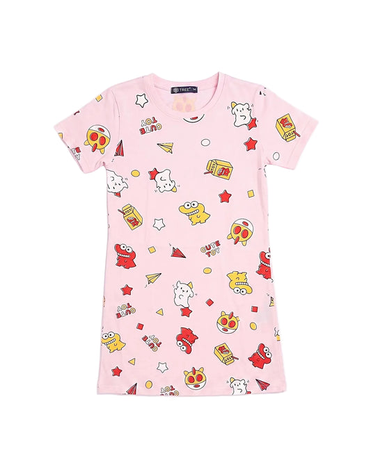 Full view of a girls' short-sleeve cotton nightshirt featuring all-over cartoon prints by TREE.