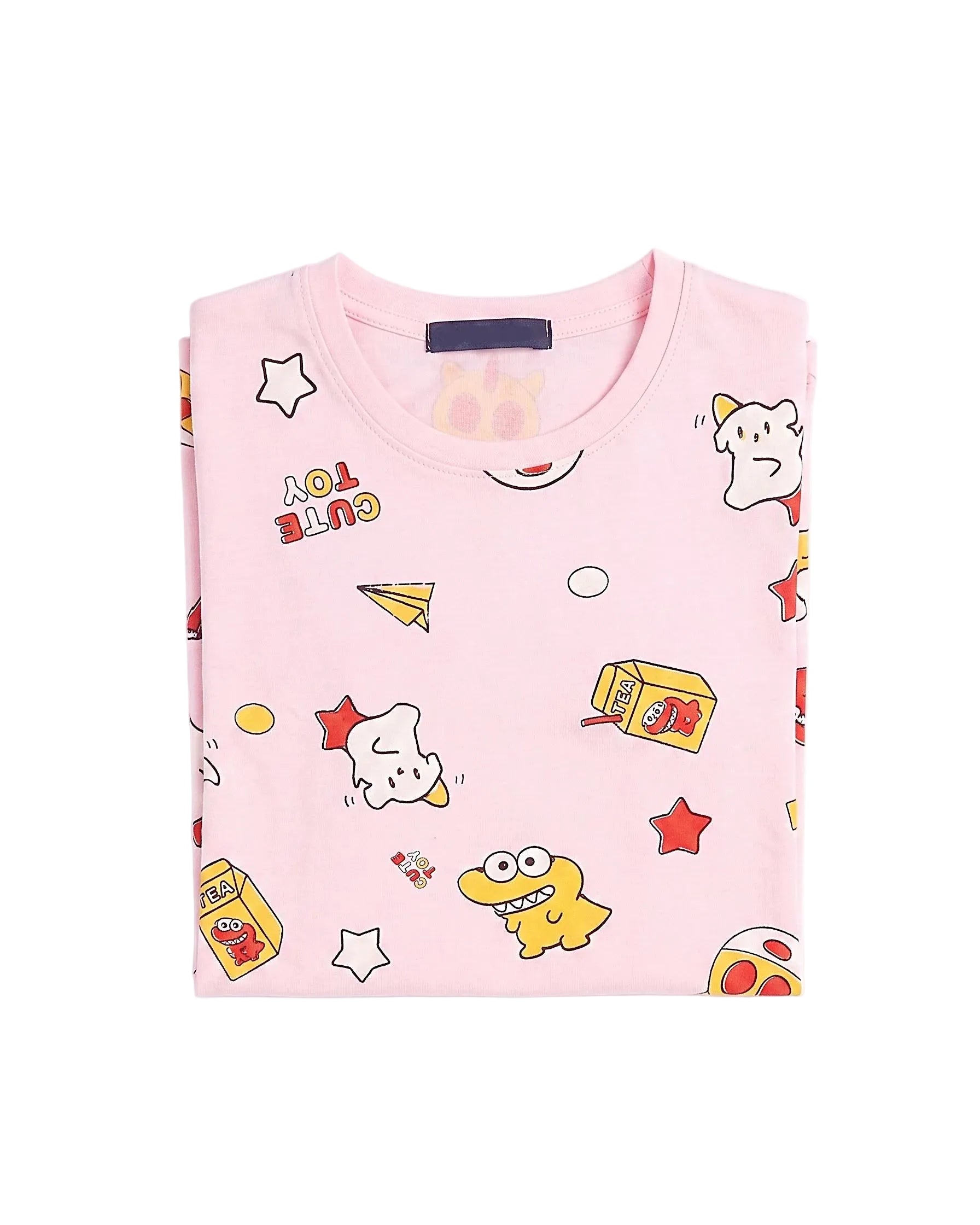 Full view of a girls' short-sleeve cotton nightshirt featuring all-over cartoon prints by TREE.