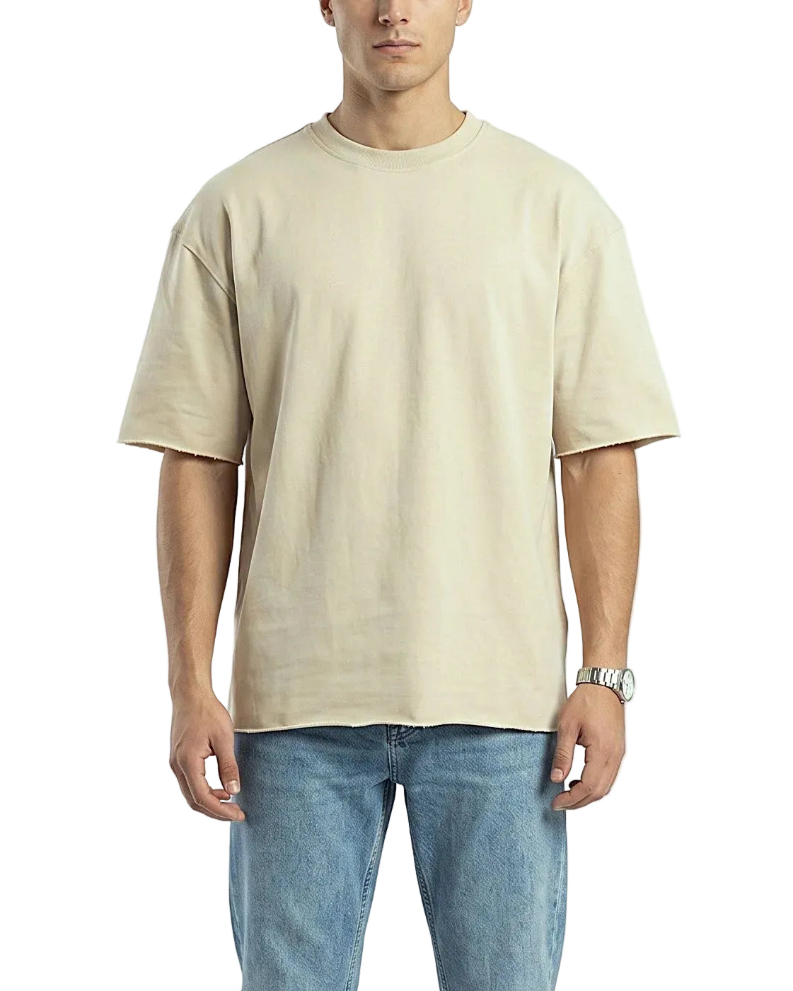 Front view of a model wearing a men's oversized 100% polyester t-shirt with raw edges by TREE.