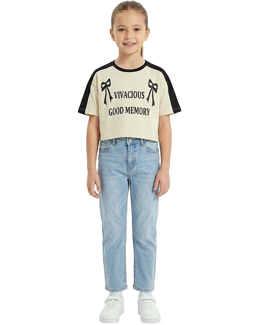 Front view of a girls' graphic printed t-shirt featuring "VIVACIOUS" and contrast shoulders in a regular fit by TREE.