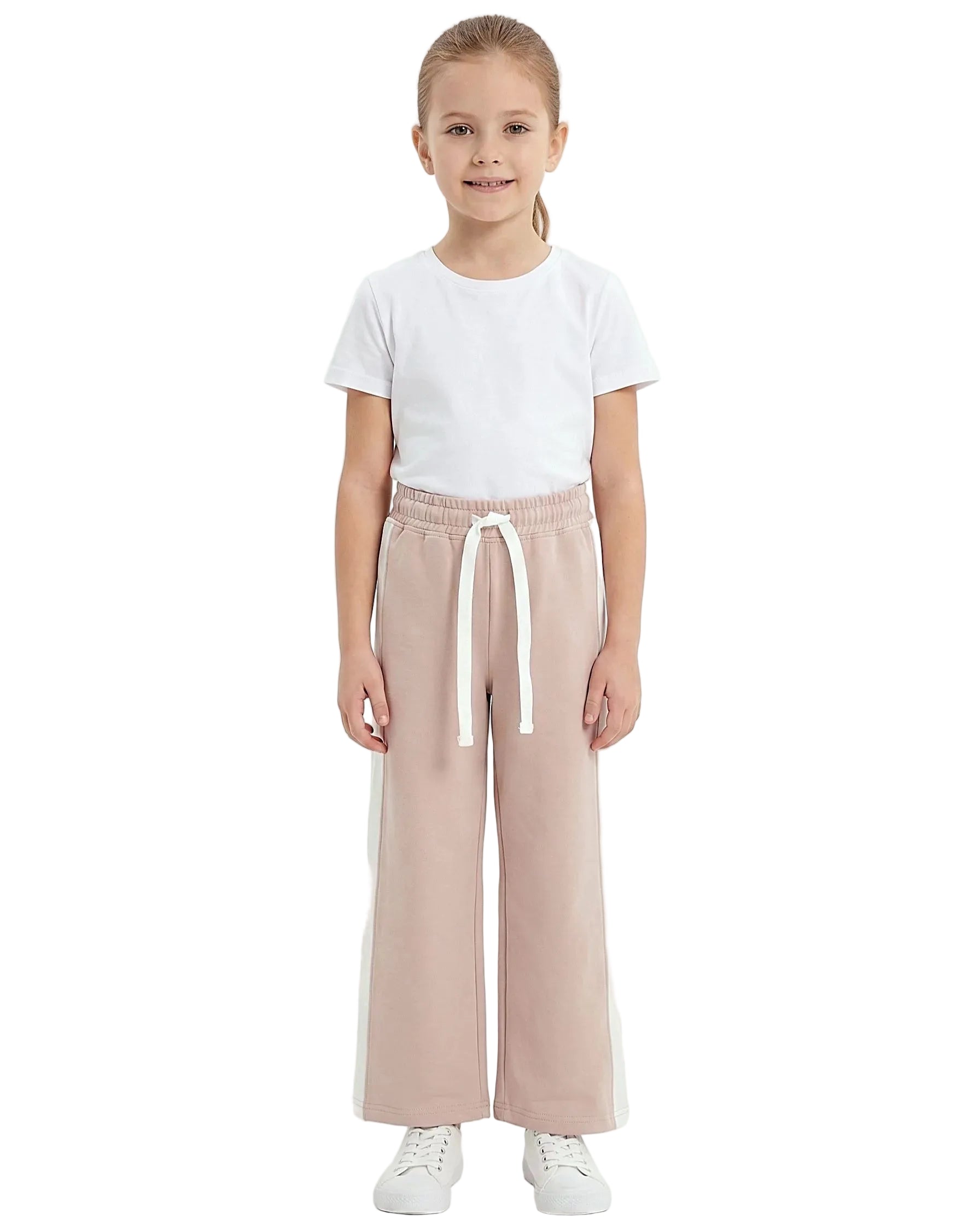 Front view of a young girl wearing girls' summer side-stripe wide-leg pants featuring an elastic waist and drawstring tie by TREE.