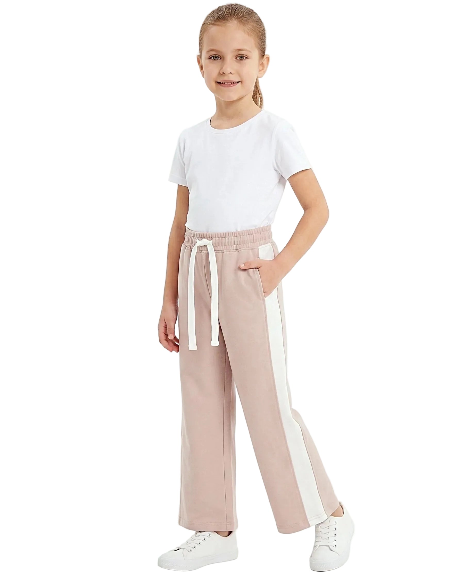 Front view of a young girl wearing girls' summer side-stripe wide-leg pants featuring an elastic waist and drawstring tie by TREE.