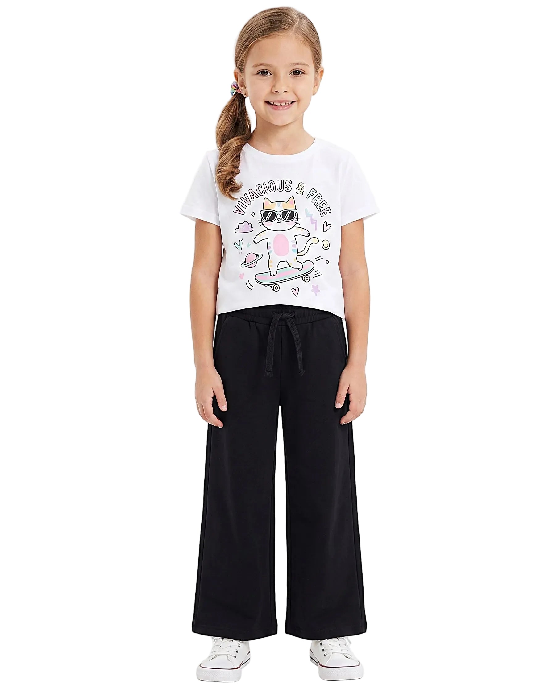 Front view of a young girl wearing girls' summer wide-leg pants featuring an elastic waist and drawstring tie by TREE.