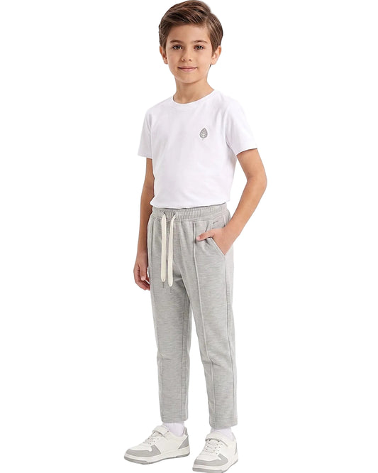 Front view of a boy wearing boys' summer grey milton pants featuring an elastic waist and drawstring tie by TREE.