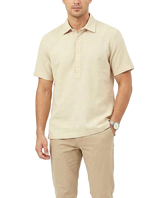 Front view of a men's beige summer polo t-shirt featuring a classic collar and front zip placket in a regular fit by TREE.
