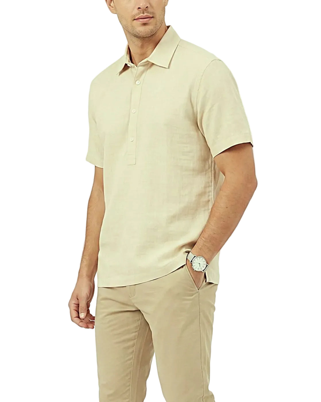 Front view of a men's beige summer polo t-shirt featuring a classic collar and front zip placket in a regular fit by TREE.