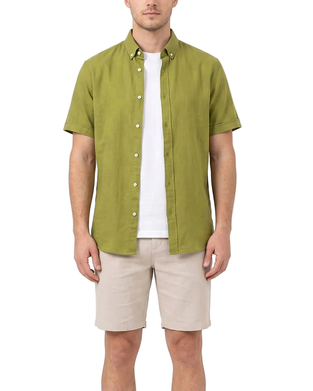 Front view of a model wearing a men's summer short-sleeve button-down shirt in a regular fit by TREE.