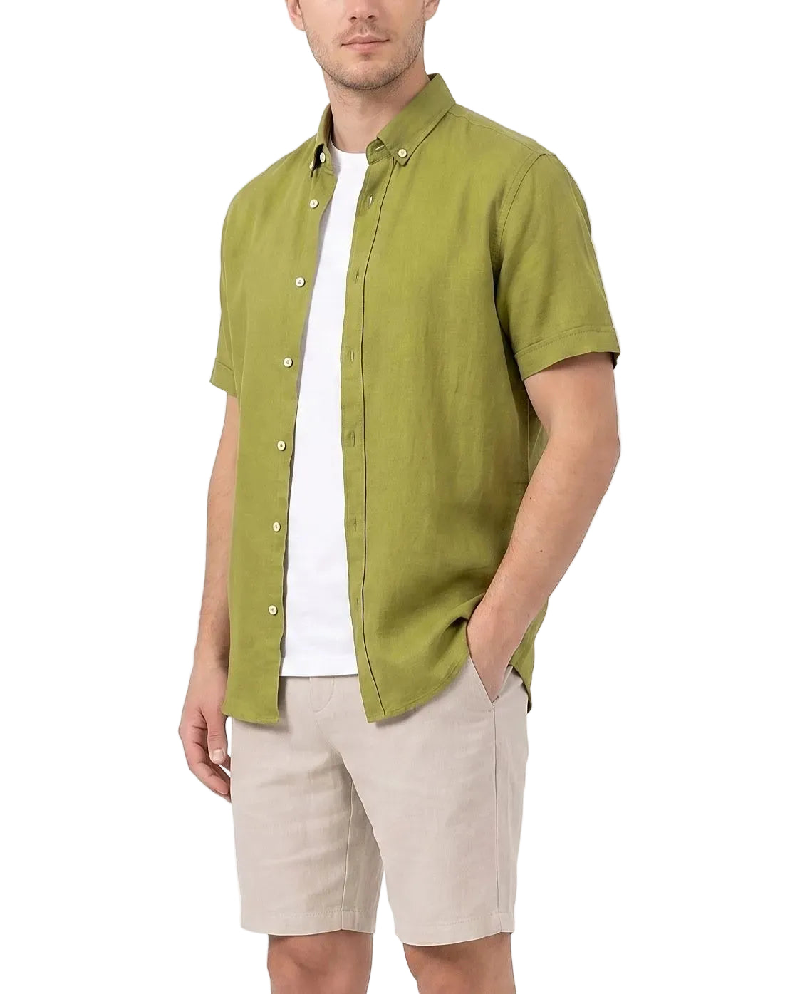 Front view of a model wearing a men's summer short-sleeve button-down shirt in a regular fit by TREE.
