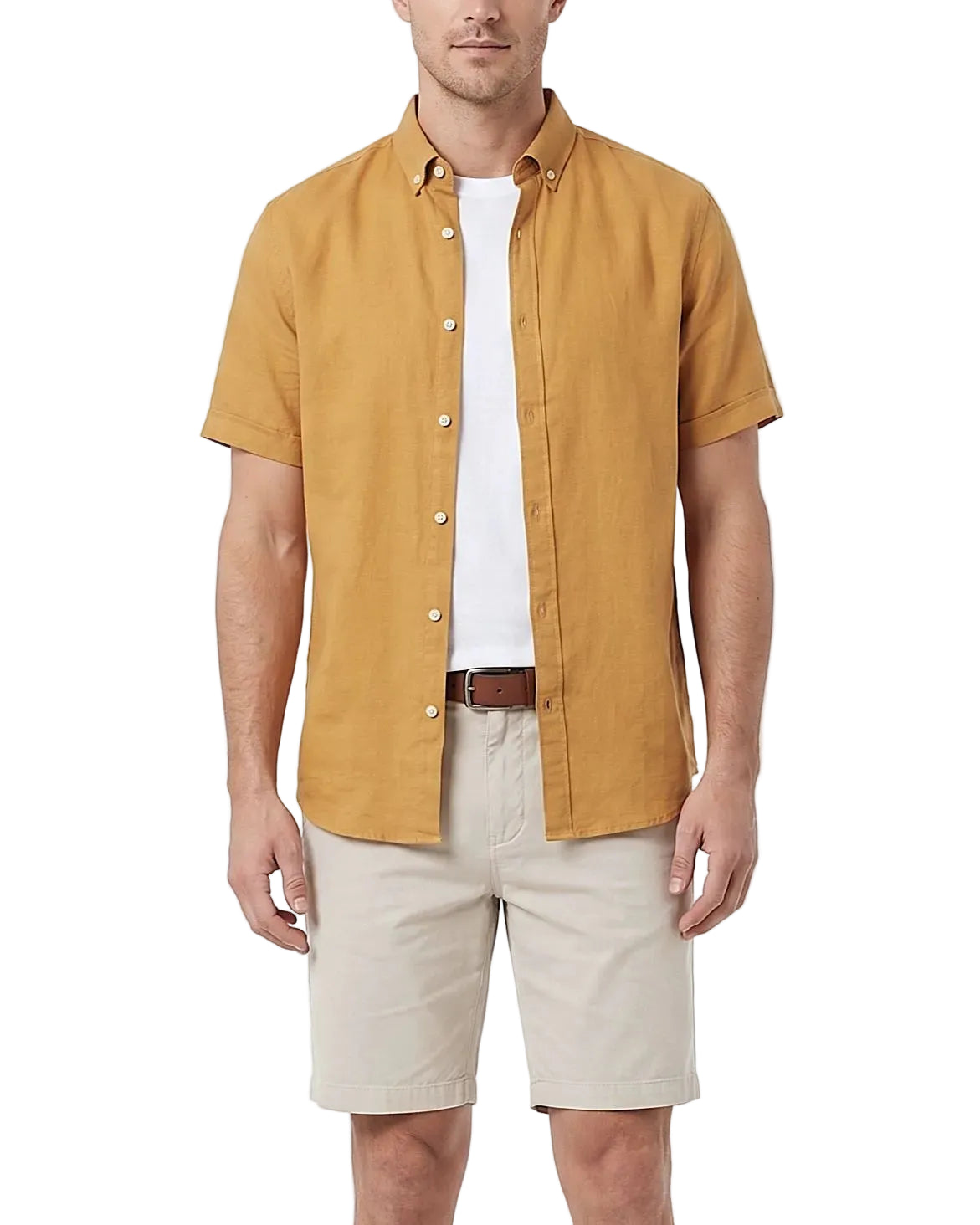 Front view of a model wearing a men's summer short-sleeve button-down shirt in a regular fit by TREE.