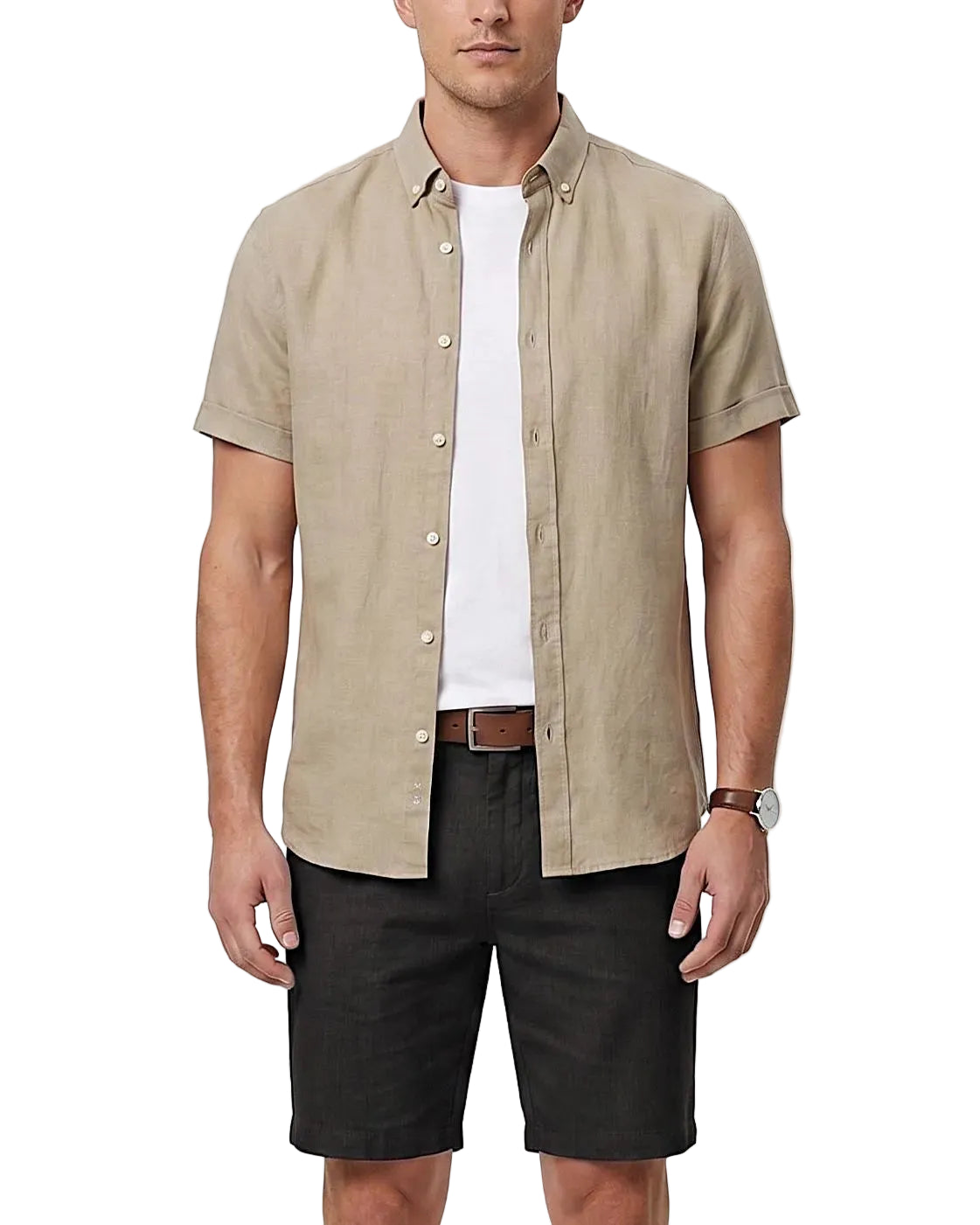 Front view of a model wearing a men's summer short-sleeve button-down shirt in a regular fit by TREE.
