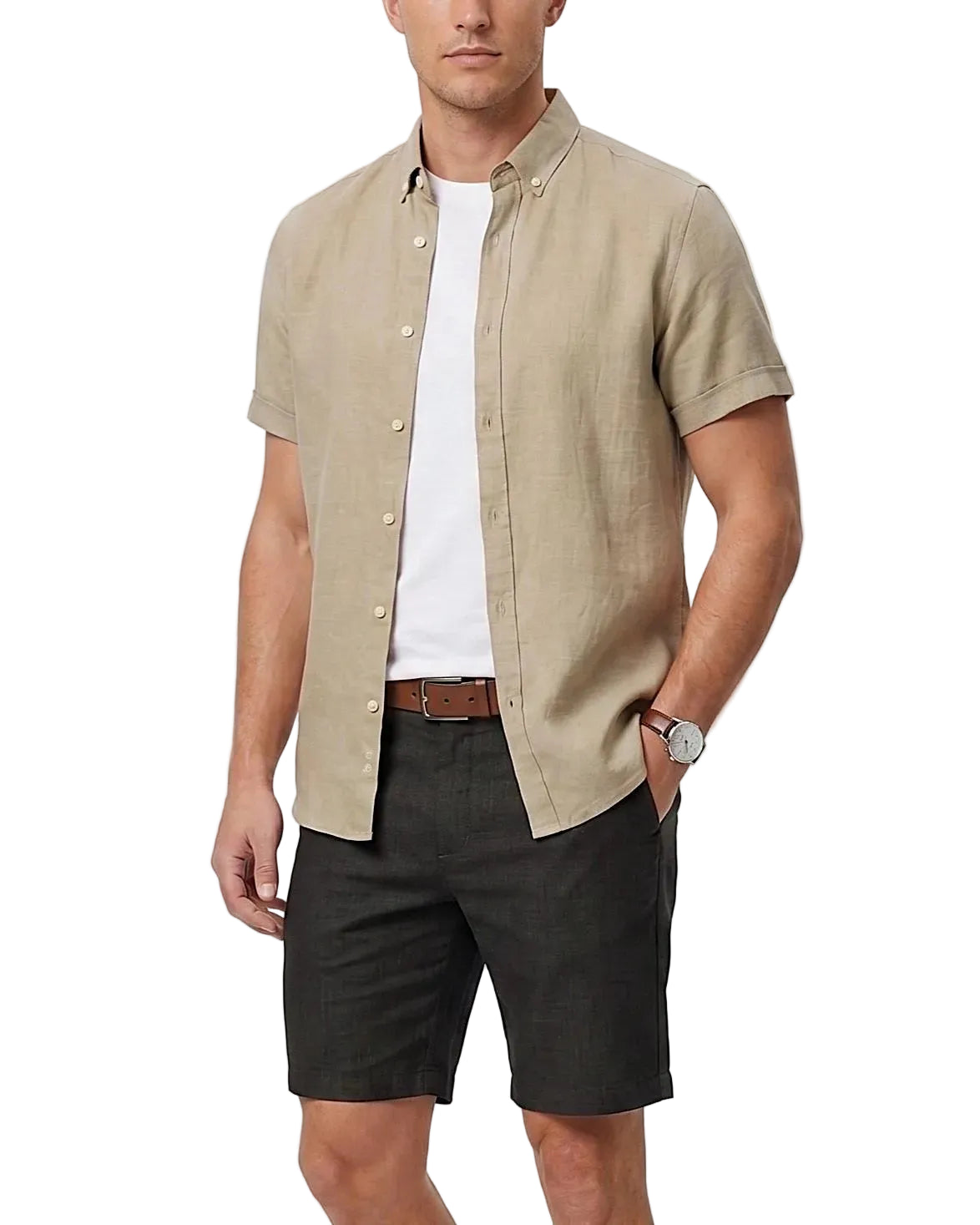 Front view of a model wearing a men's summer short-sleeve button-down shirt in a regular fit by TREE.