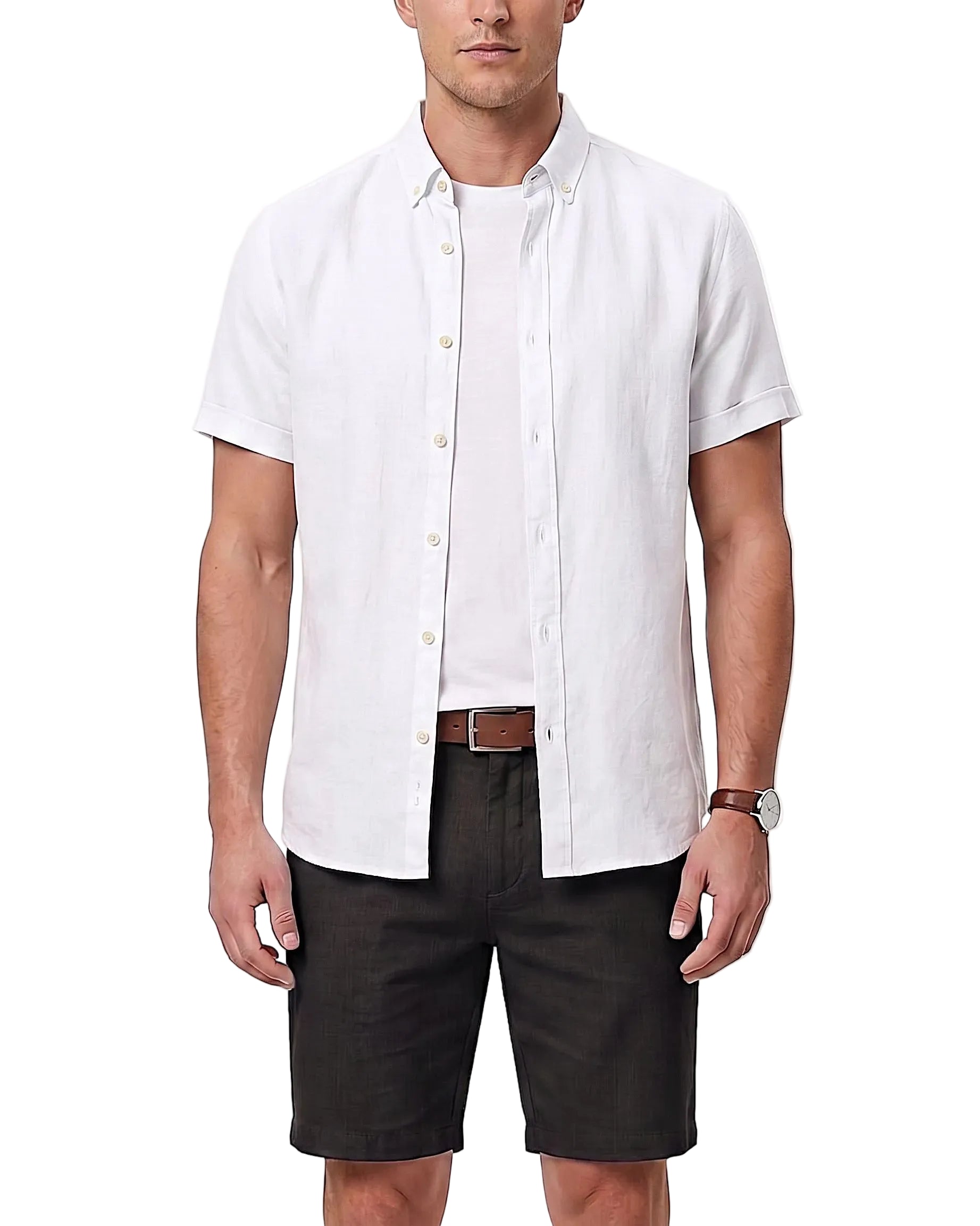Front view of a model wearing a men's summer short-sleeve button-down shirt in a regular fit by TREE.