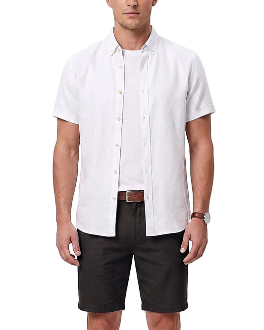 Front view of a model wearing a men's summer short-sleeve button-down shirt in a regular fit by TREE.