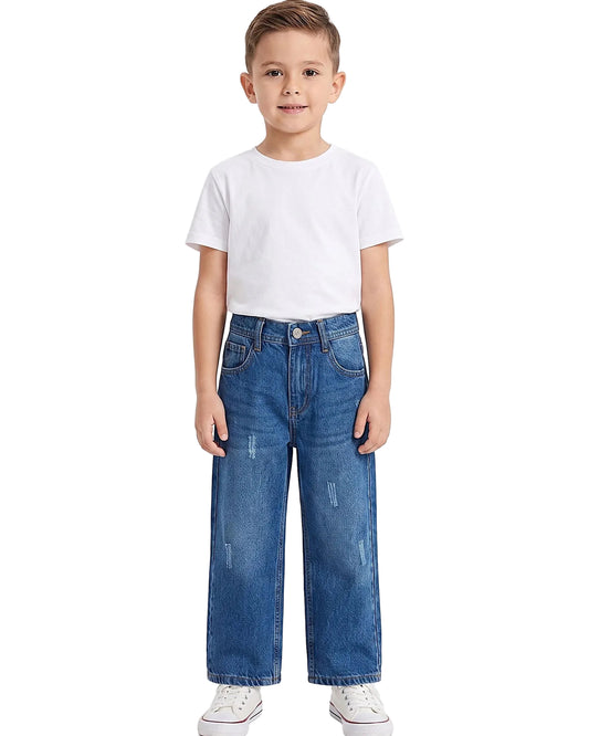 Front view of a boy wearing kids' wide-leg jeans in a classic wash by TREE.