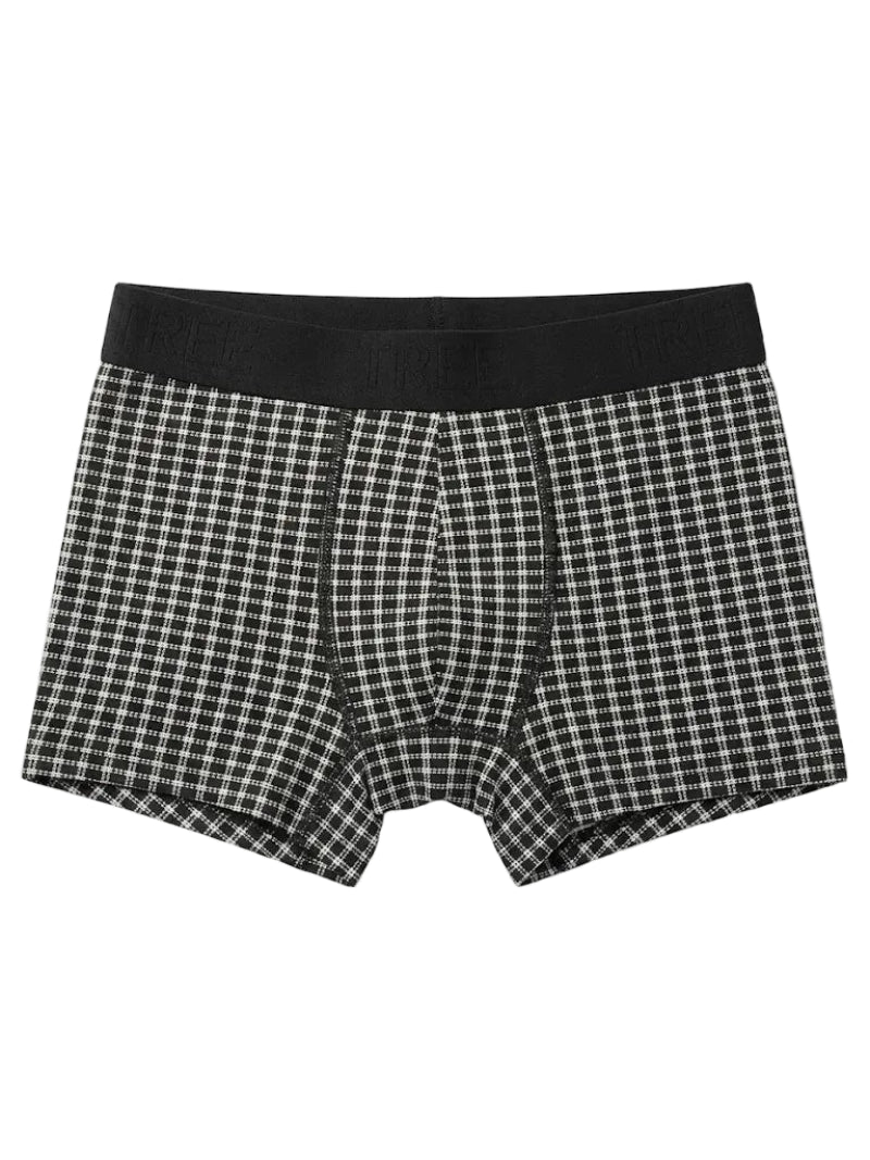 Front view of kids' checked pattern cotton-lycra boxer briefs featuring an elastic waistband by TREE.