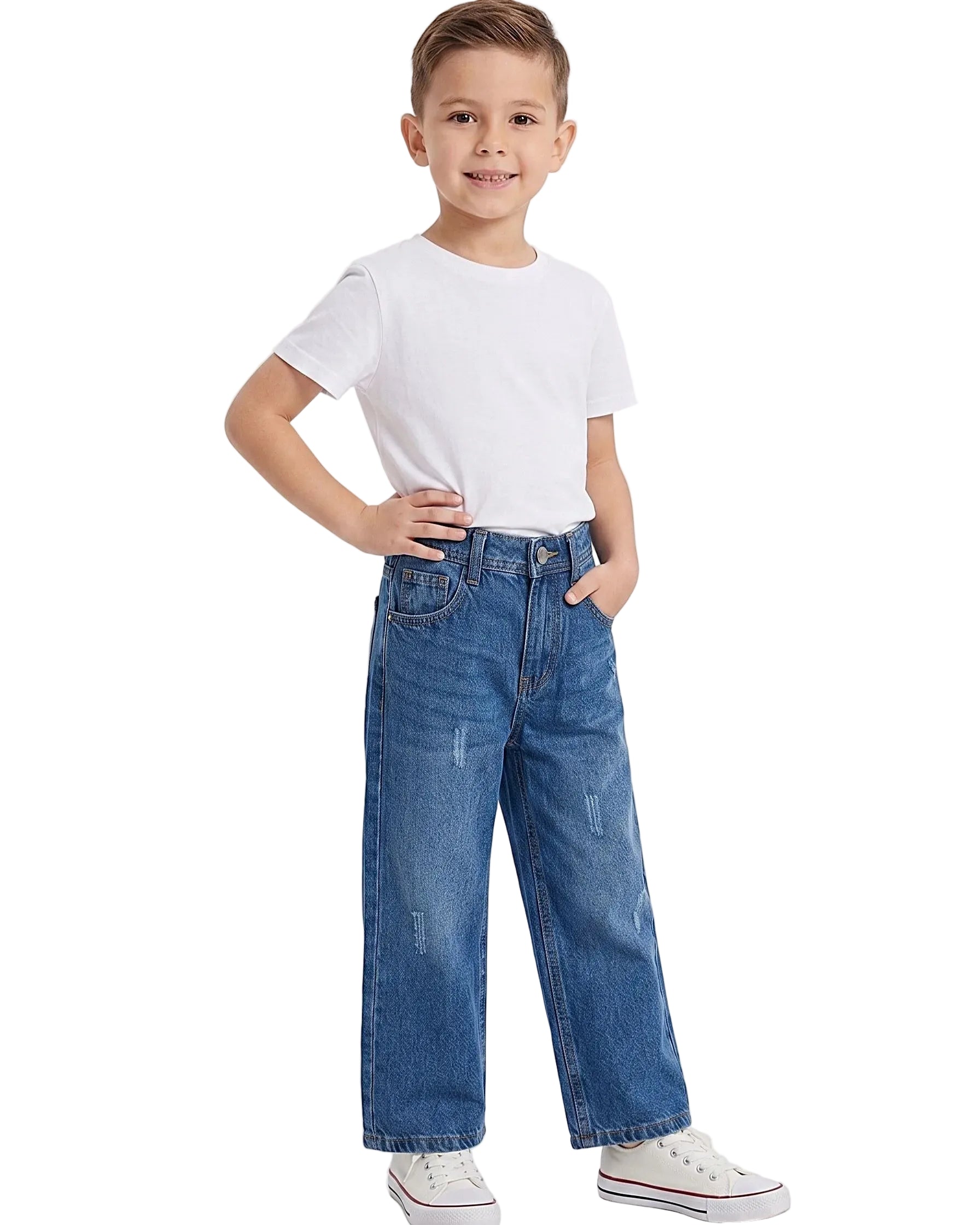 Front view of a boy wearing kids' wide-leg jeans in a classic wash by TREE.