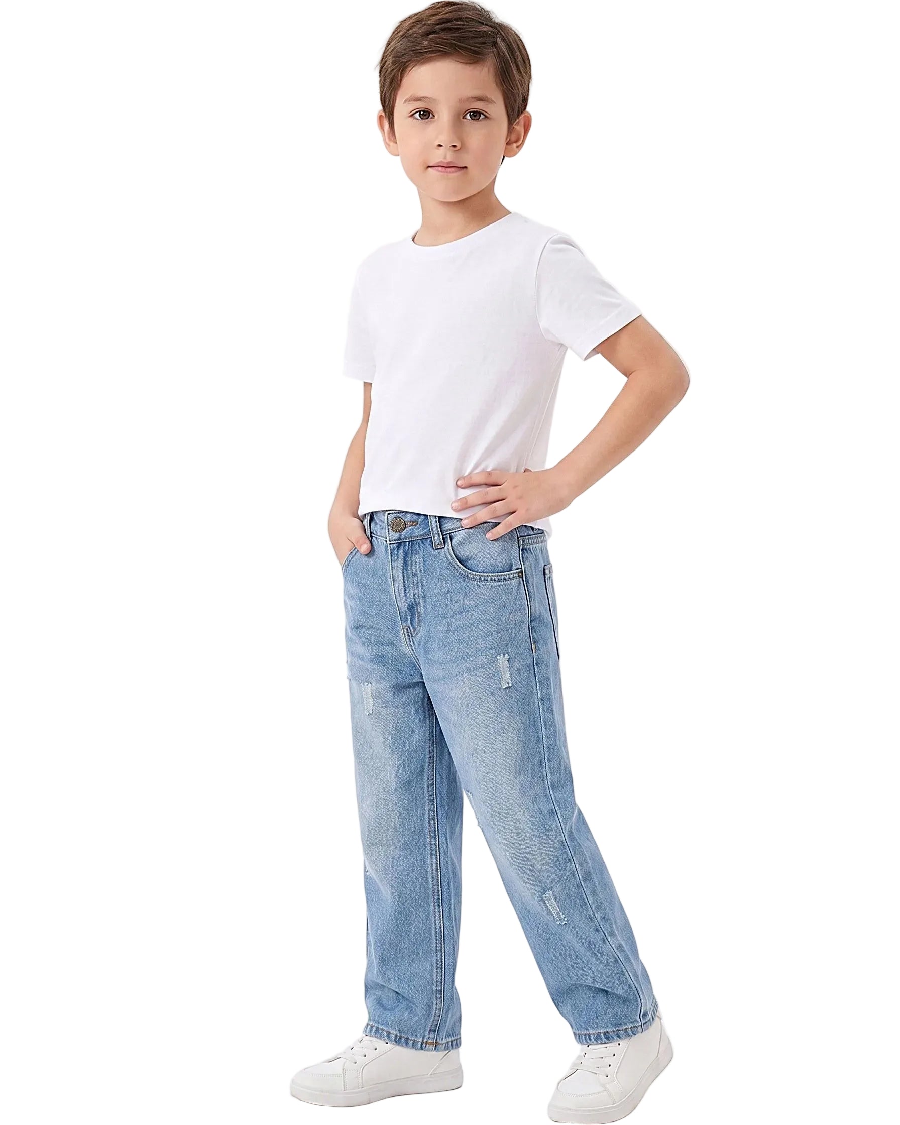 Front view of a boy wearing kids' wide-leg jeans in a classic wash by TREE.