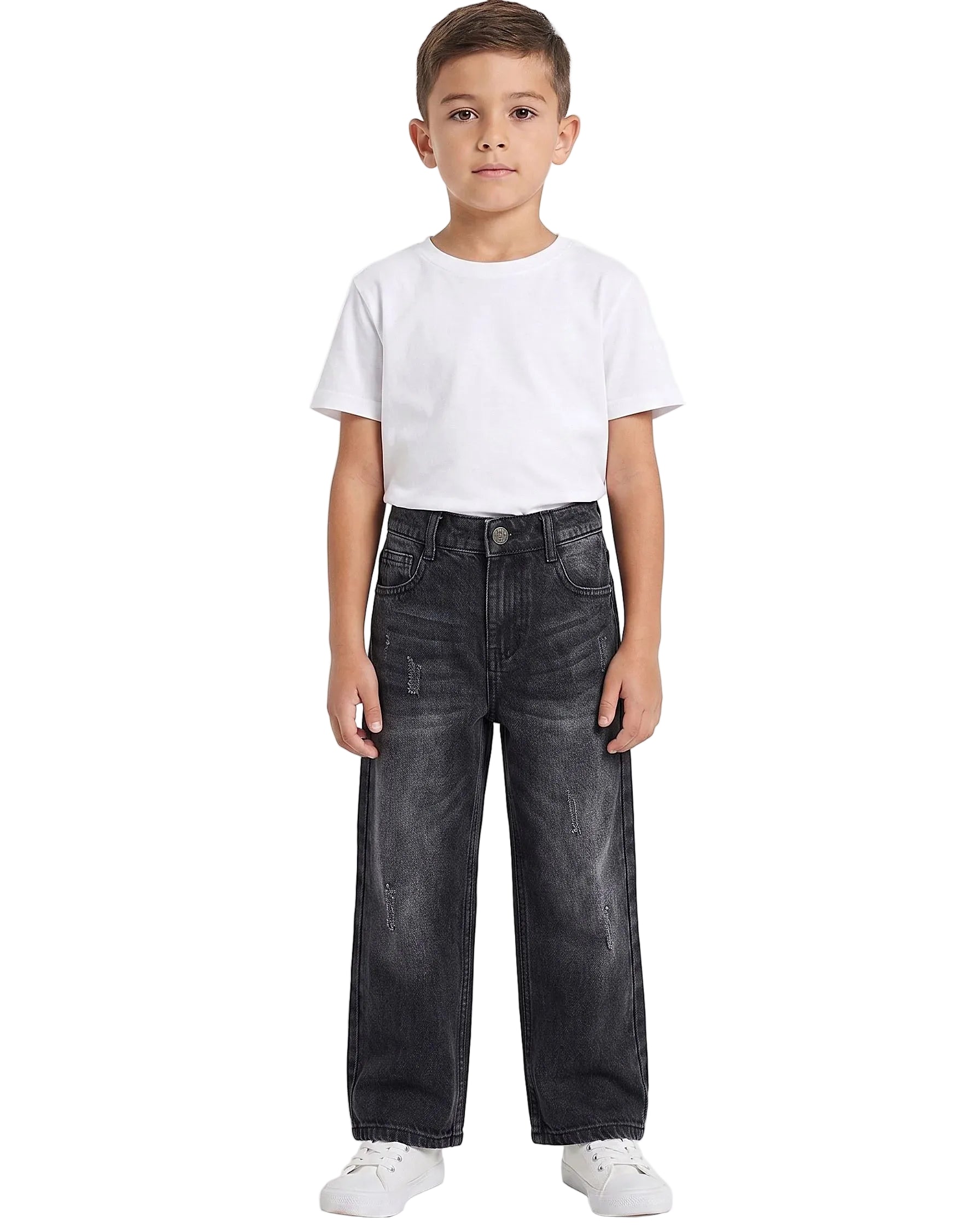 Front view of a boy wearing kids' wide-leg jeans in a classic wash by TREE.
