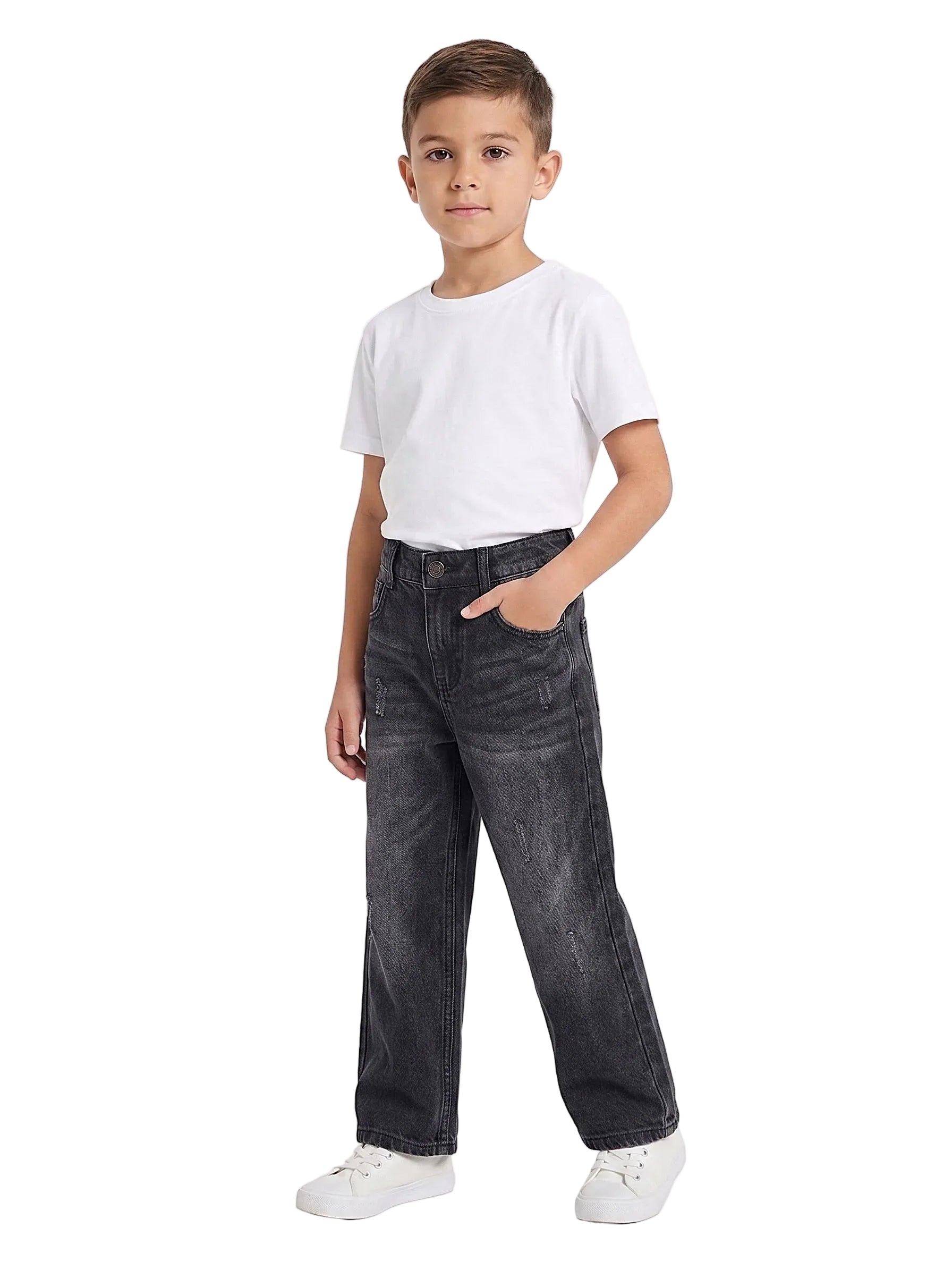 Front view of a boy wearing kids' wide-leg jeans in a classic wash by TREE.