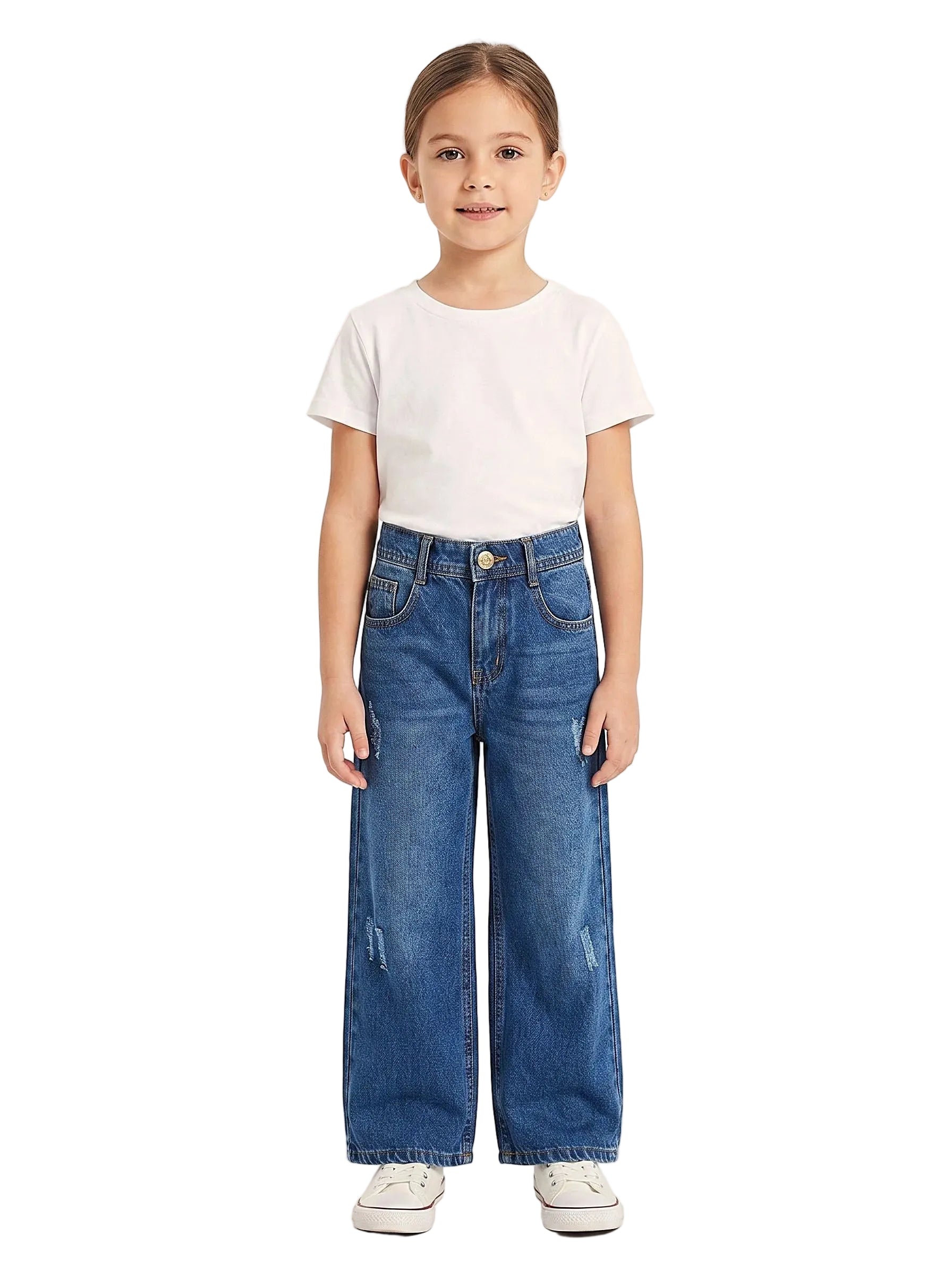 Front view of a young girl wearing girls' wide-leg jeans in a classic wash by TREE.