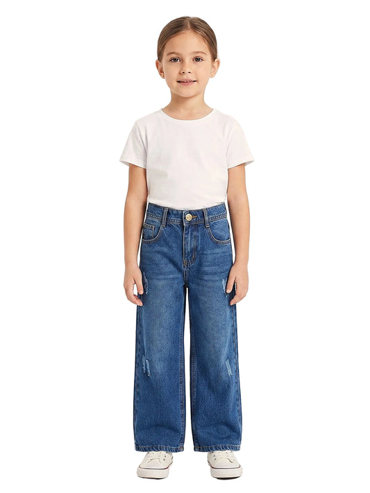 Front view of a young girl wearing girls' wide-leg jeans in a classic wash by TREE.