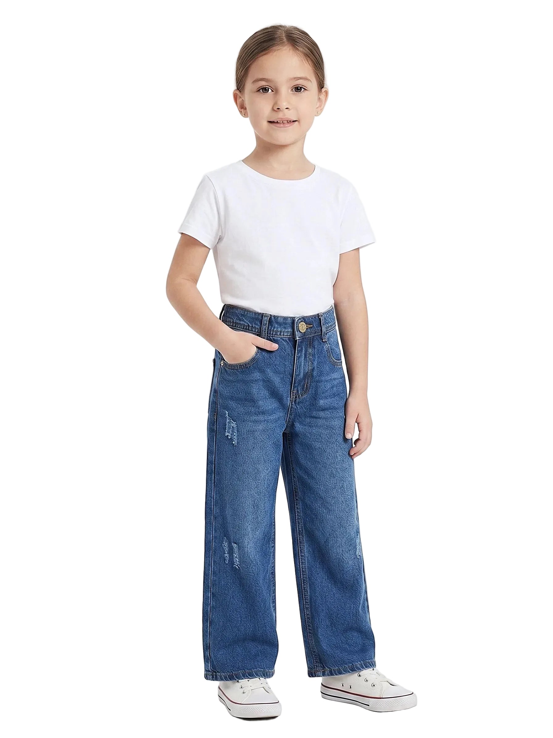 Front view of a young girl wearing girls' wide-leg jeans in a classic wash by TREE.