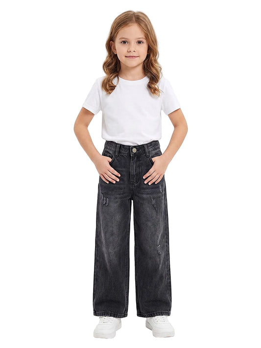 Front view of a young girl wearing girls' wide-leg jeans in a classic wash by TREE.
