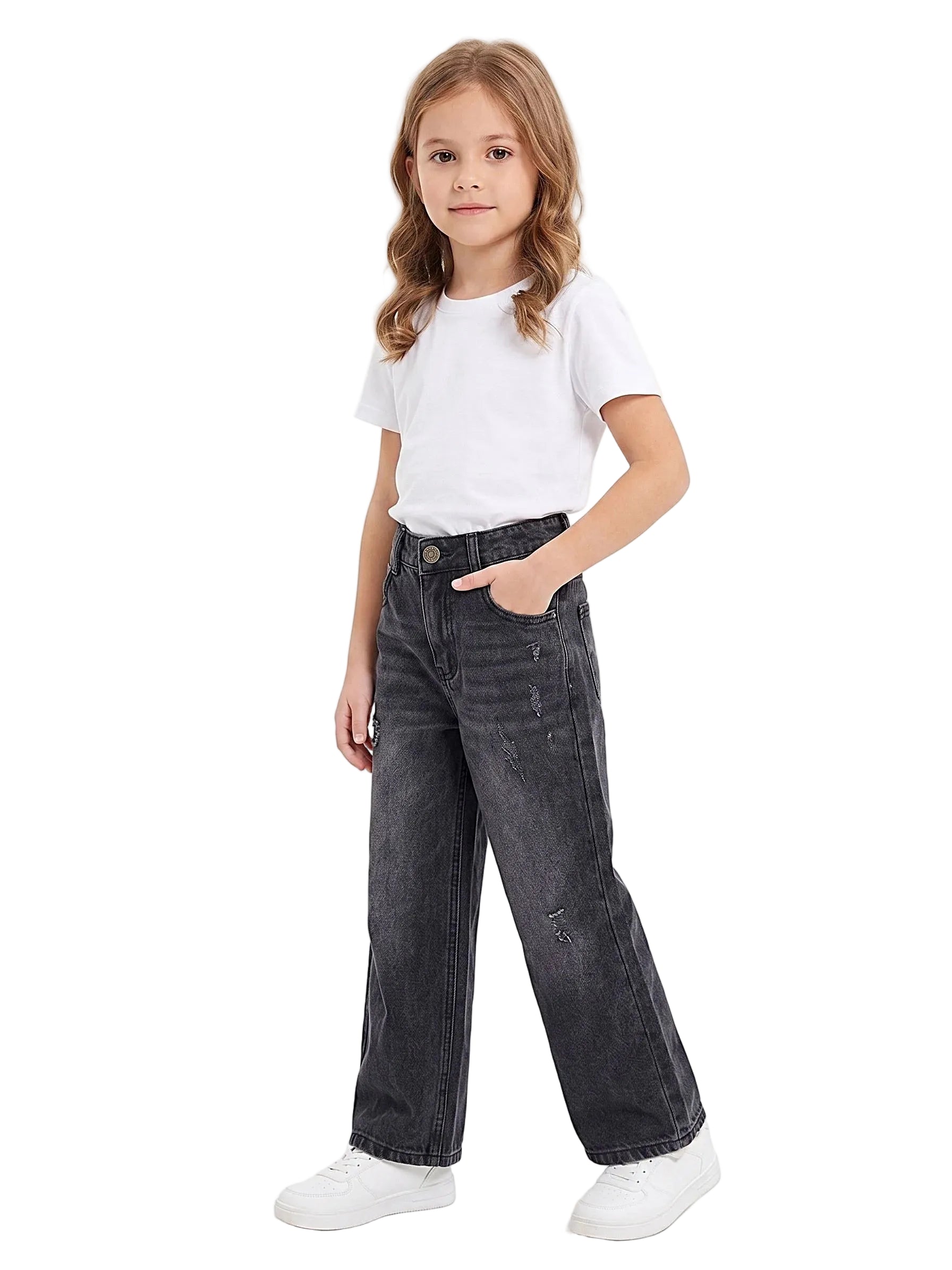 Front view of a young girl wearing girls' wide-leg jeans in a classic wash by TREE.